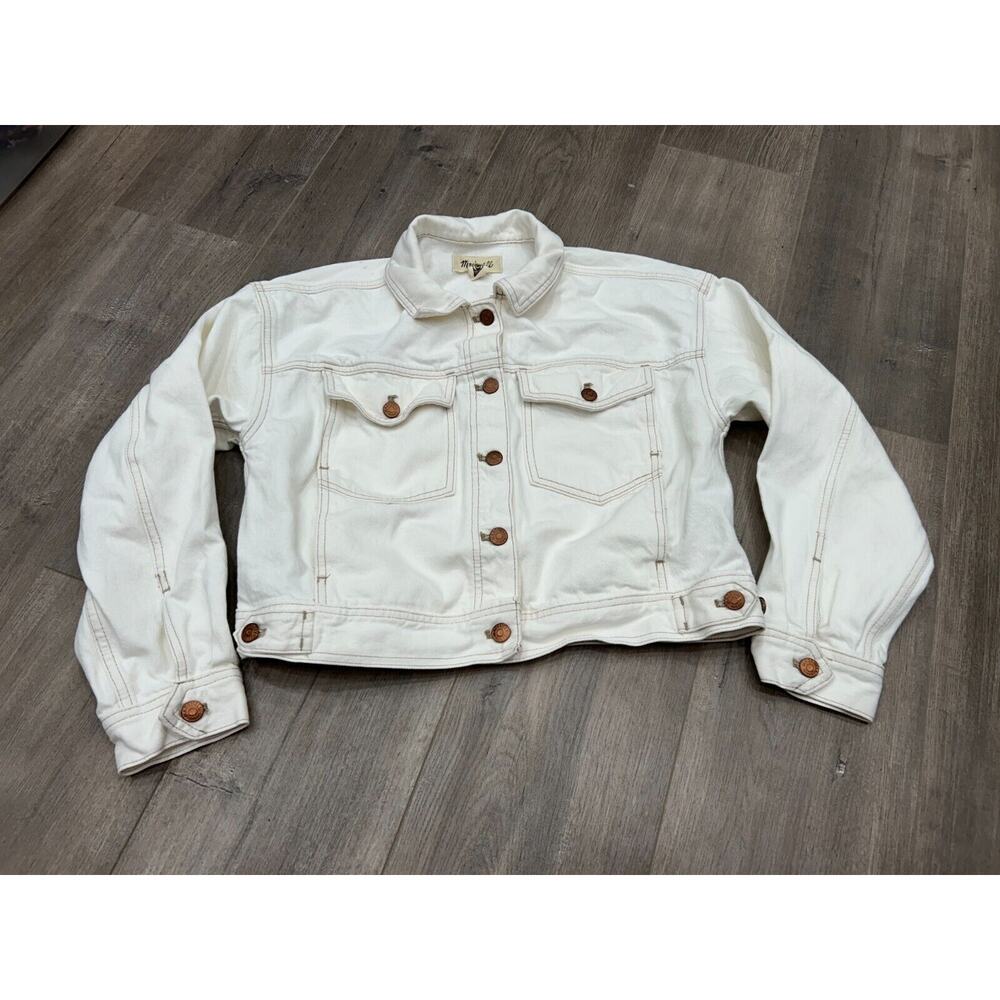 Madewell Women's Collared Button Up Crop Denim‎ Jacket In Tile White Size Small